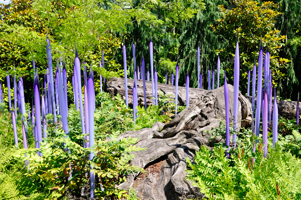 purple sculptures and a log
